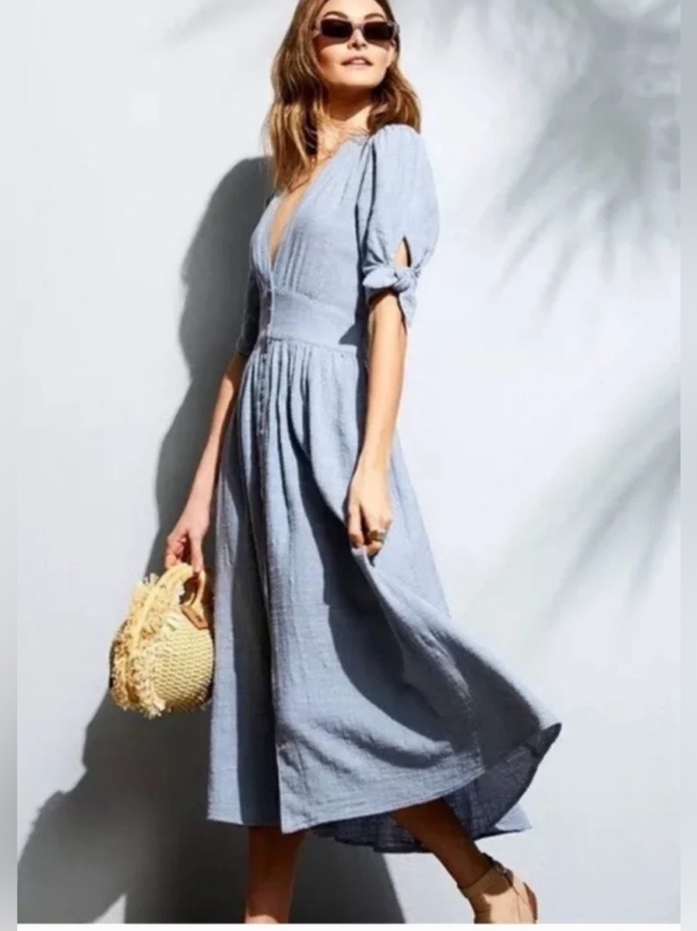 Free People Love of My Life Blue Midi Button Front V-Neck A-Line Dress Large